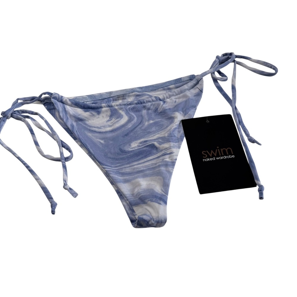 NAKED WARDROBE Bikini Bottom Blue Marble Swirl Side Tie Women's‎ Size Small NWT